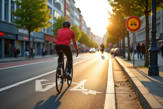 Cycliste sur une piste cyclable urbaine en ville moderne