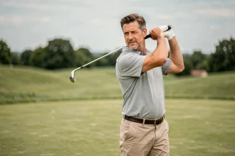 Golfeur adulte en polo gris démontrant un swing de milieu de parcours sur un fairway verdoyant, vue en pied à 3/4