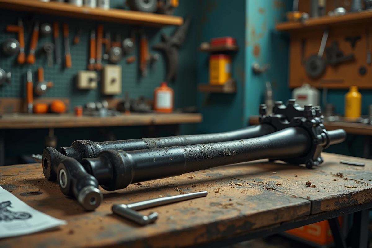 Fourche Manitou Comp démontée sur un établi d'atelier VTT avec outils de maintenance