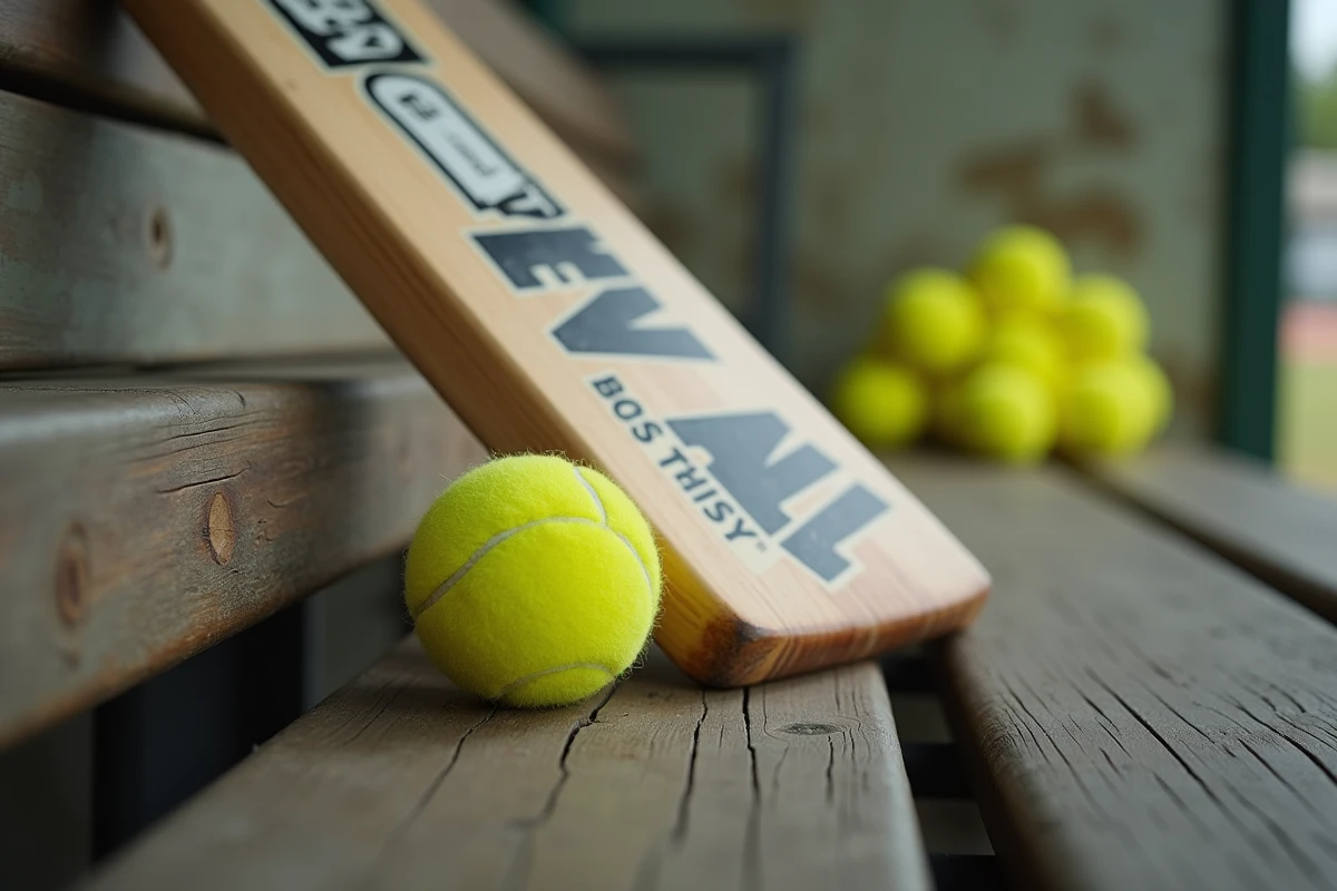 Détail en gros plan d'une batte Beat All Sports et d'une balle de tennis jaune posées sur un banc en bois