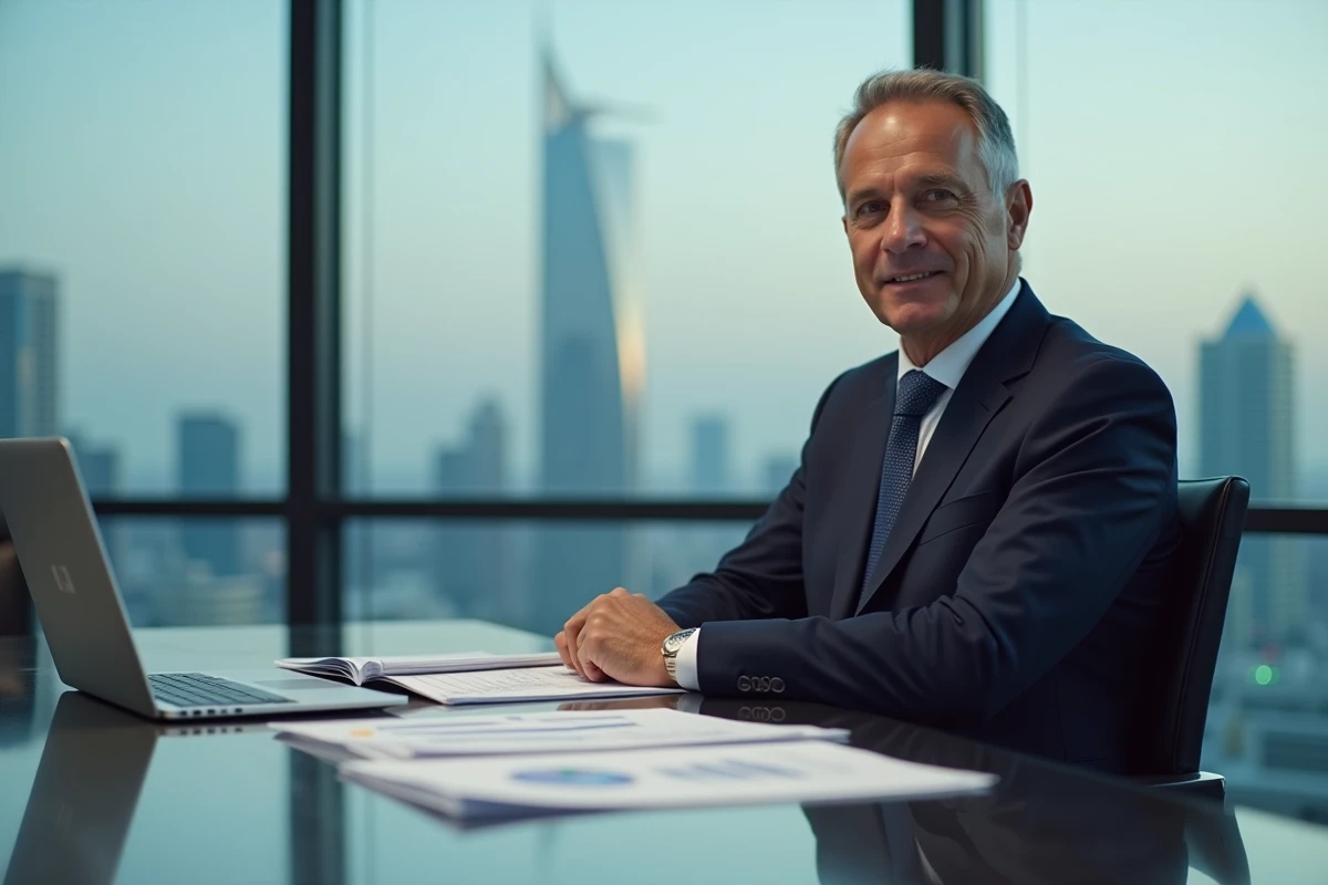 Dirigeant en costume dans une salle de réunion moderne à Doha avec des documents financiers sur la table, illustrant la stratégie salariale du PSG