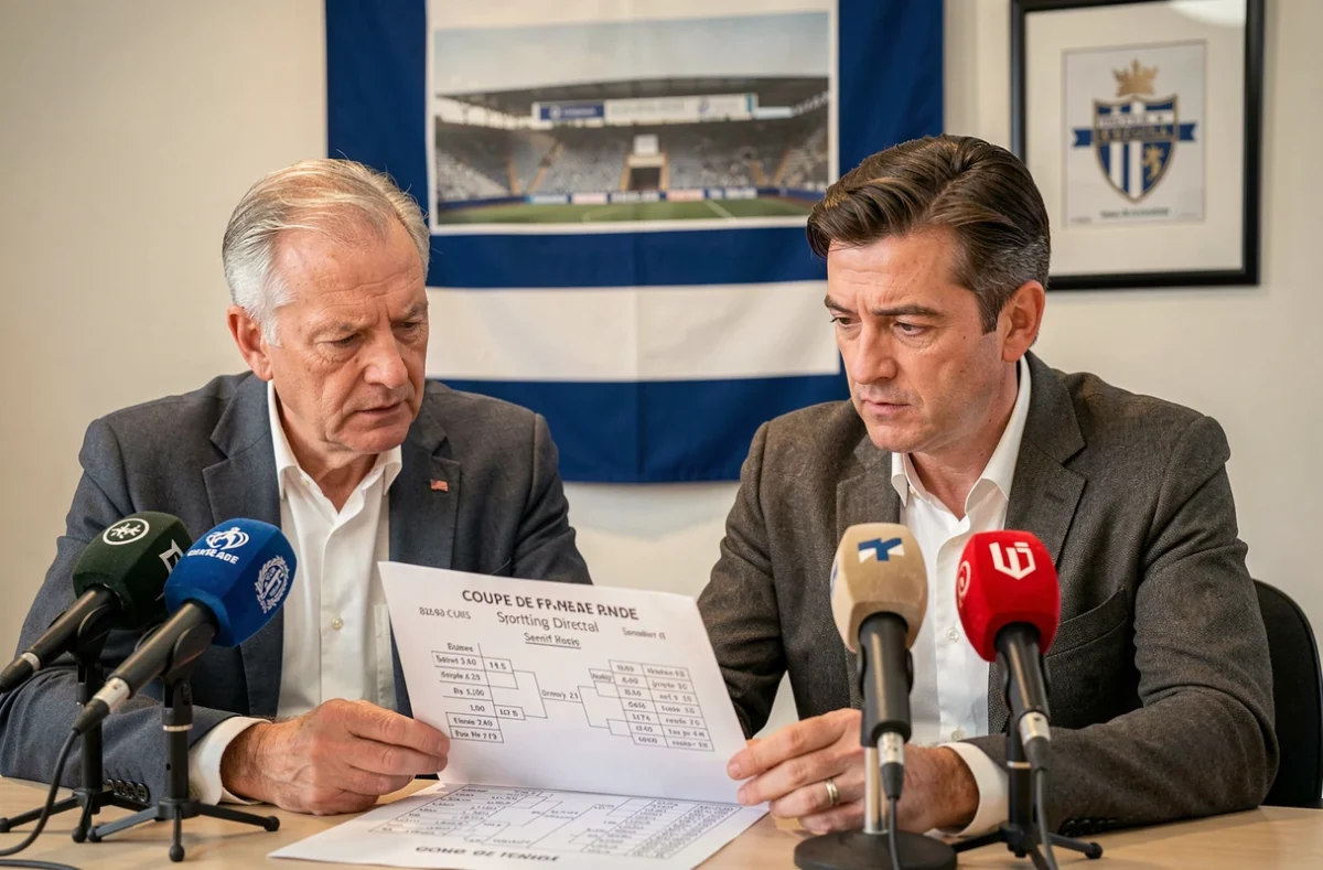 Dirigeants d'un club de football analysant le tableau du tirage des demi-finales de la Coupe de France en conférence de presse