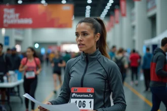 Femme marathonienne tenant un dossard officiel et des documents d'inscription au Marathon de Paris dans un hall d'exposition