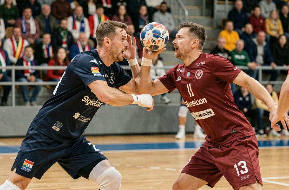 Duel physique entre joueurs portugais et danois lors d'un match de handball en arène couverte