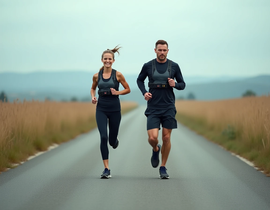 Deux coureurs s'entraînant ensemble sur une route rurale pour préparer un marathon à vitesse spécifique