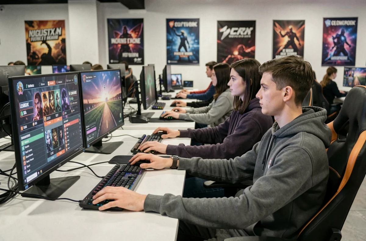 Deux joueurs en duo dans un café gaming travaillant leur progression de rang sur League of Legends