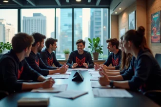 Groupe de jeunes adultes en réunion eSports dynamique