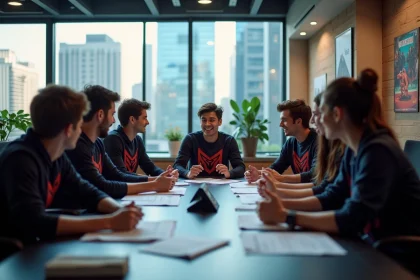 Groupe de jeunes adultes en r&eacute;union eSports dynamique