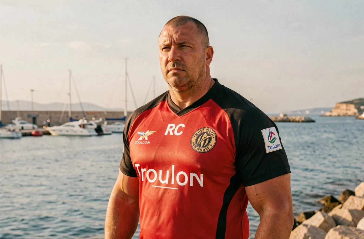 Portrait d'un joueur de rugby massif en maillot de Toulon illustrant la puissance financière des clubs du sud de la France