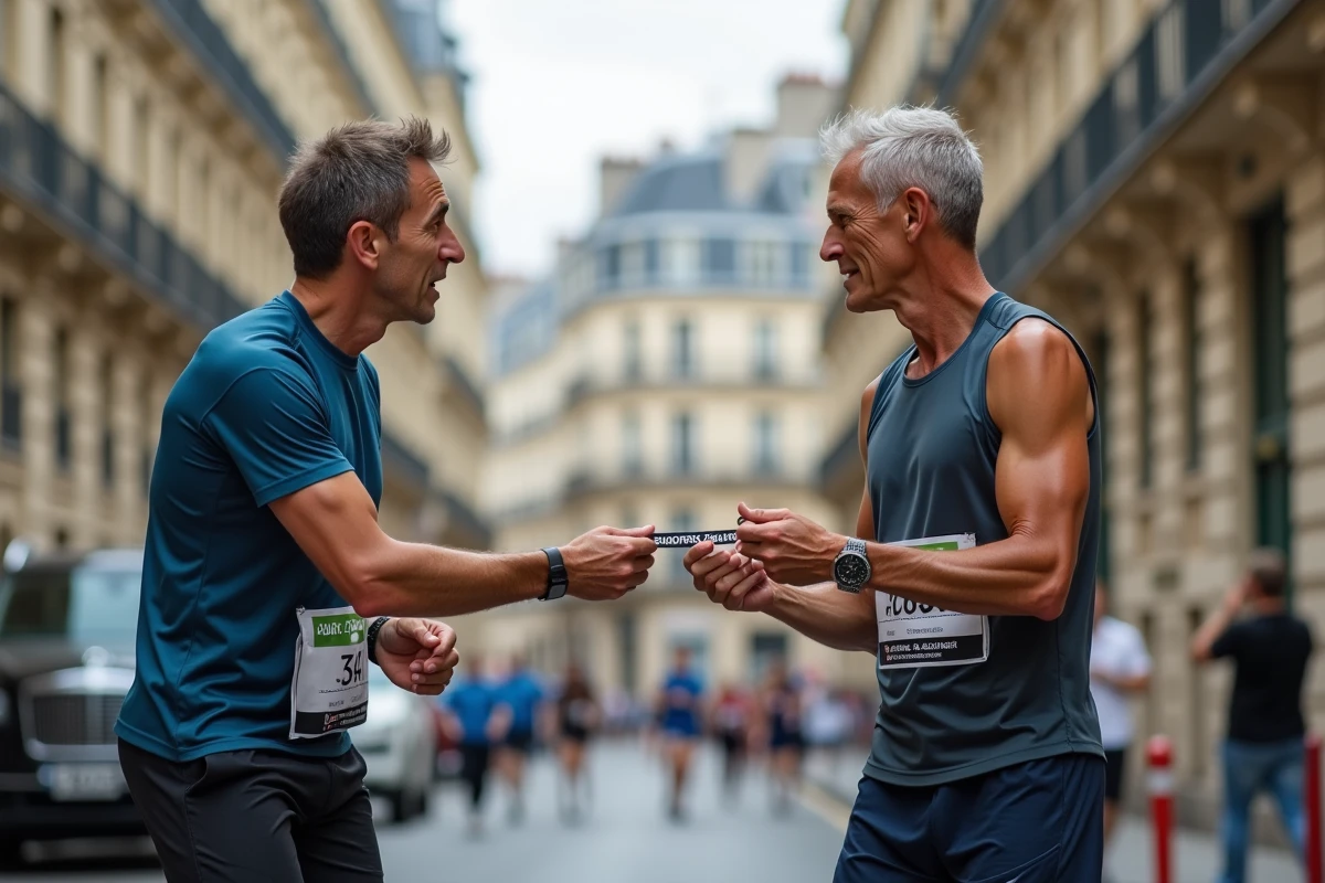 Deux coureurs échangeant un dossard de marathon dans une rue de Paris, illustrant les risques de la revente non officielle