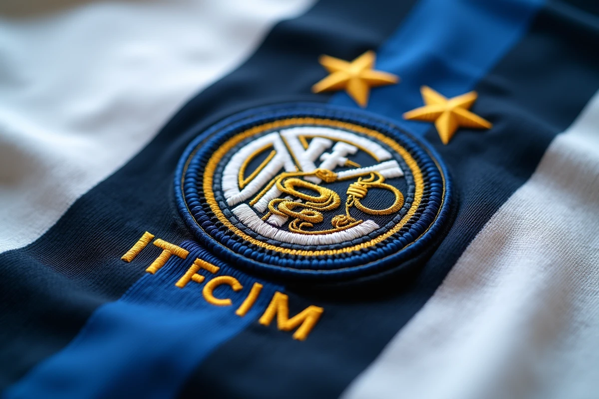 Gros plan macro de l'écusson brodé de l'Inter Milan avec le serpent et les initiales FCIM en fil doré et bleu sur le maillot