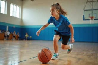 Adolescente en cours d'EPS pratiquant le basketball dans un gymnase scolaire, illustrant les champs d'apprentissages en éducation physique et sportive