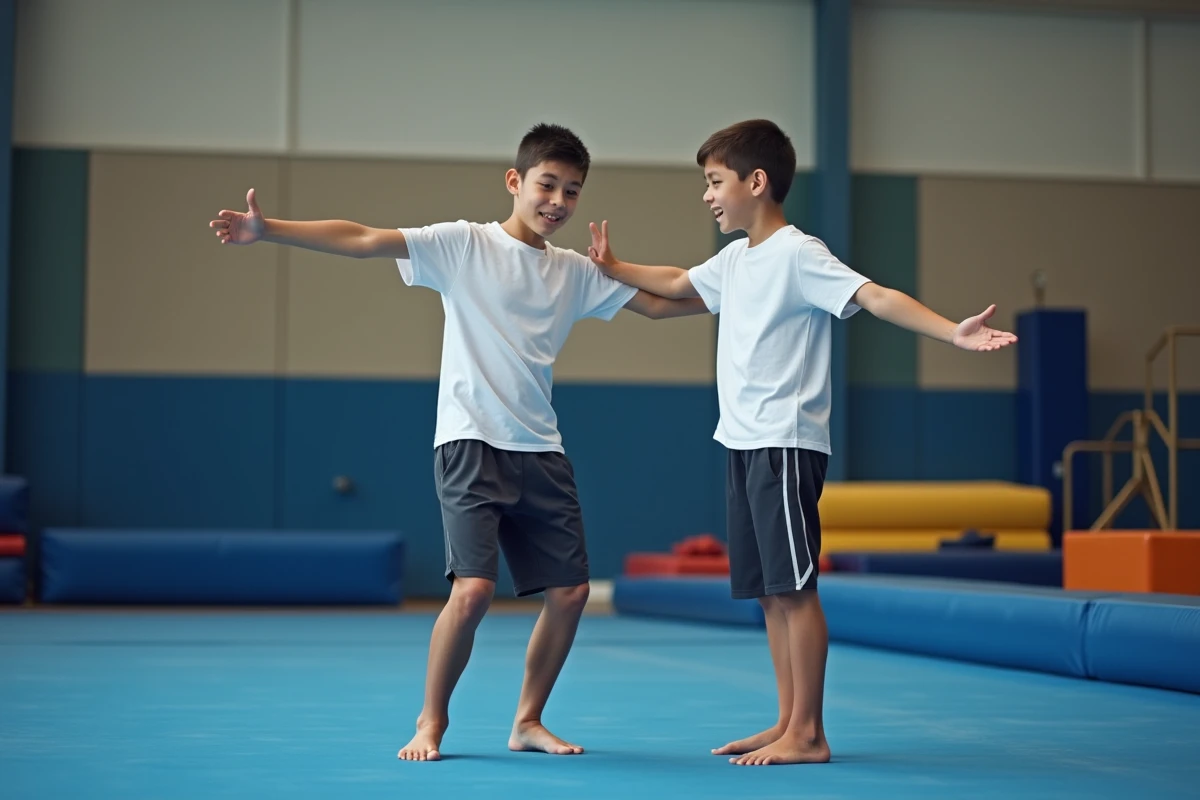 Deux lycéens pratiquant un exercice de gymnastique sur tapis en cours d'EPS, illustrant la coopération dans les champs d'apprentissages scolaires