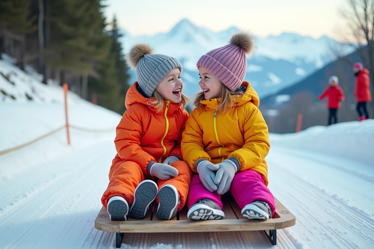 Enfants riant sur un luge au d&eacute;but de la piste