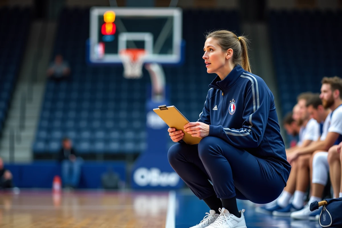 Entraîneuse de basket expliquant les règles de temps et la stratégie lors d'un temps mort officiel