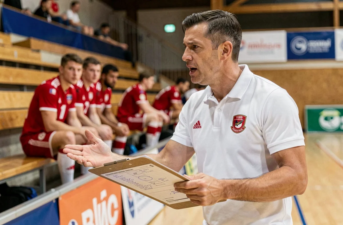 Entraîneur de handball sur le banc de touche donnant des instructions tactiques pendant Portugal contre Danemark