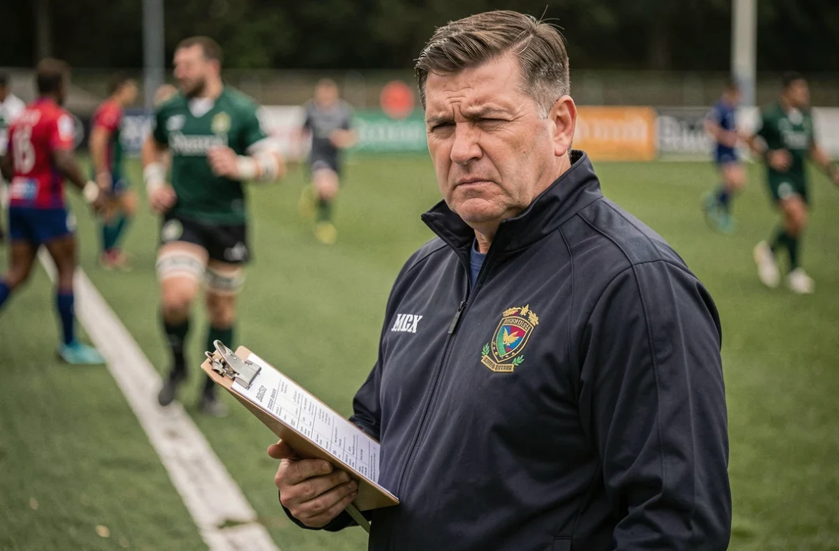 Entraîneur de club de rugby Fédérale 2 concentré sur la touche lors d'un match de maintien