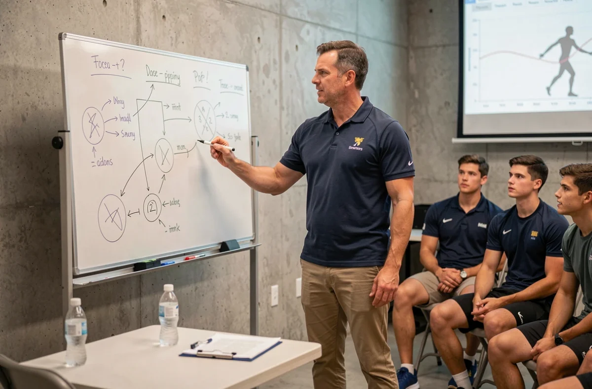 Entraîneur sportif expliquant une stratégie de performance à un groupe d'athlètes, évoquant les méthodes d'encadrement et la vision de Simon Lebriacs