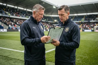 Entraîneur de football professionnel étudiant une composition tactique en bord de terrain lors d'un grand match PSG OM