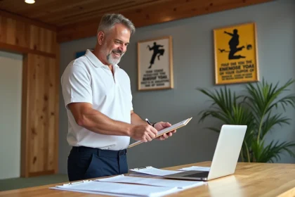 Entra&icirc;neur de judo en polo blanc dans un dojo moderne