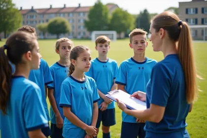 Jeunes joueurs de football écoutant leur coach lors d'un entraînement