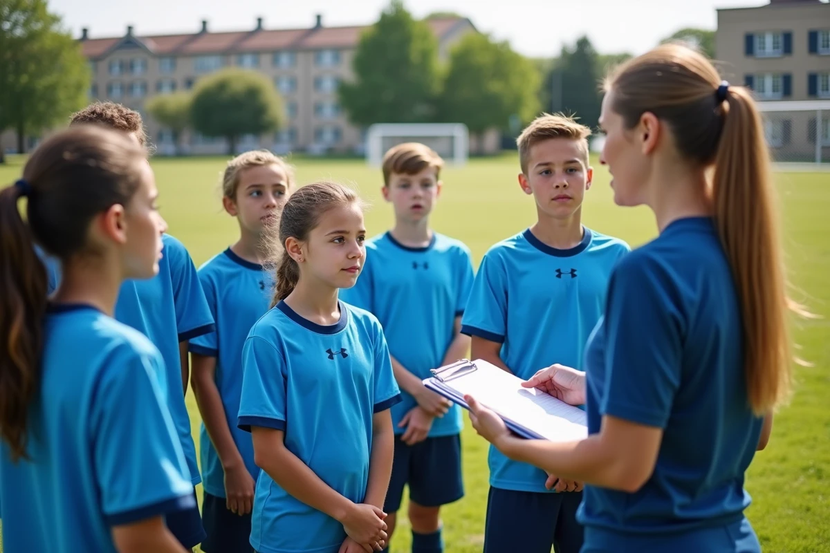 Jeunes joueurs de football écoutant leur coach lors d'un entraînement
