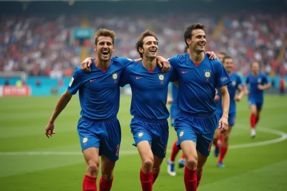 Groupe de joueurs fran&ccedil;ais de football c&eacute;l&eacute;brant la victoire en Coupe du Monde 1998