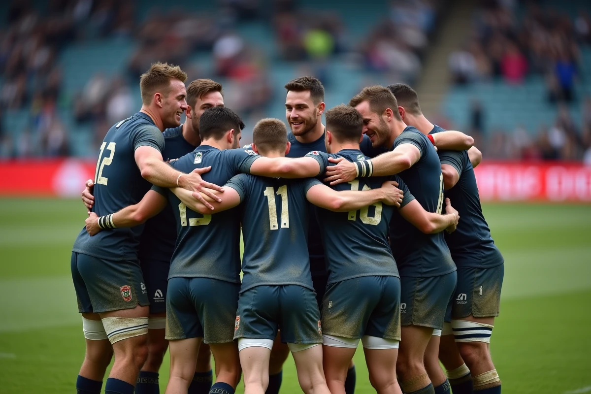 Groupe de joueurs de rugby en équipe soudée sur le terrain