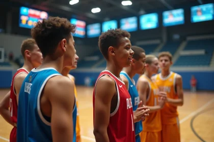 Jeunes joueurs de basket en &eacute;quipe dans une arene moderne