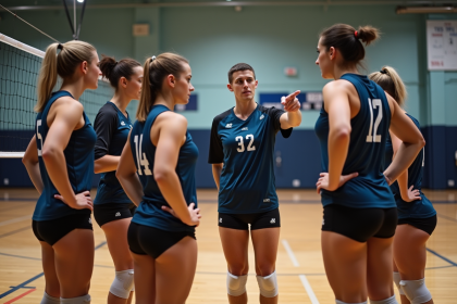 Groupe de joueurs de volleyball en huddle avec leur coach en salle