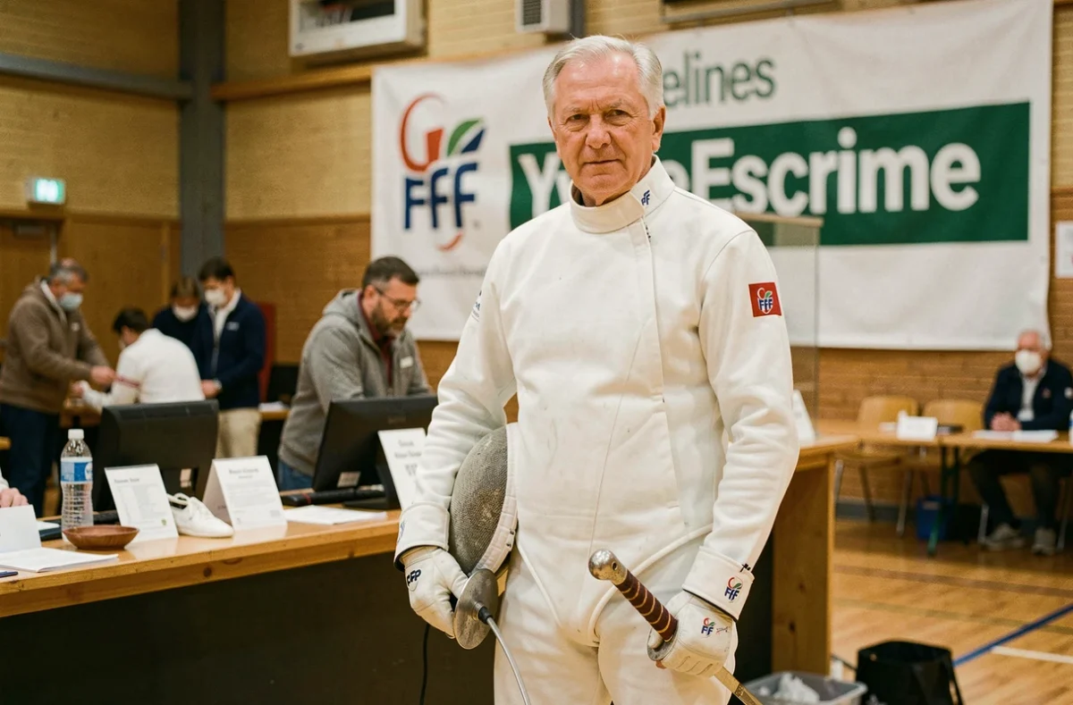 Escrimeur senior en tenue complète lors d'une compétition FFF Yvelines, catégorie vétérans