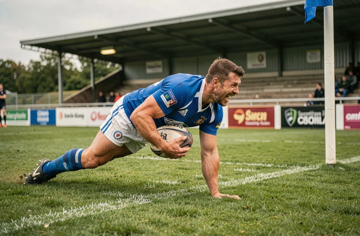 Joueur de rugby Fédérale 2 plongeant pour marquer un essai décisif près du drapeau de coin