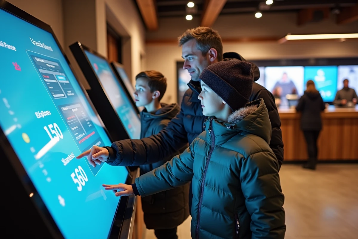 Famille avec deux adolescents consultant les tarifs des forfaits de ski sur une borne interactive à la station Les Arcs