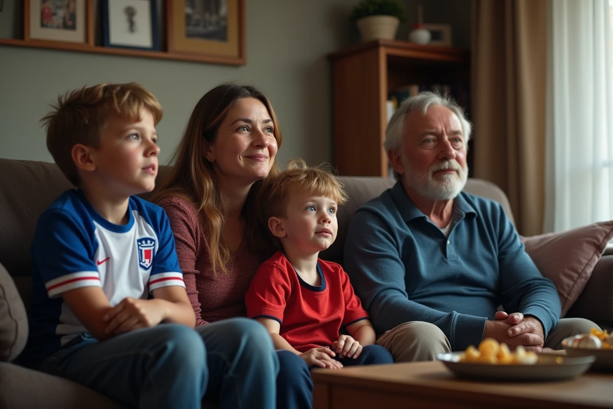 Famille française regardant un match de football dans un salon modeste