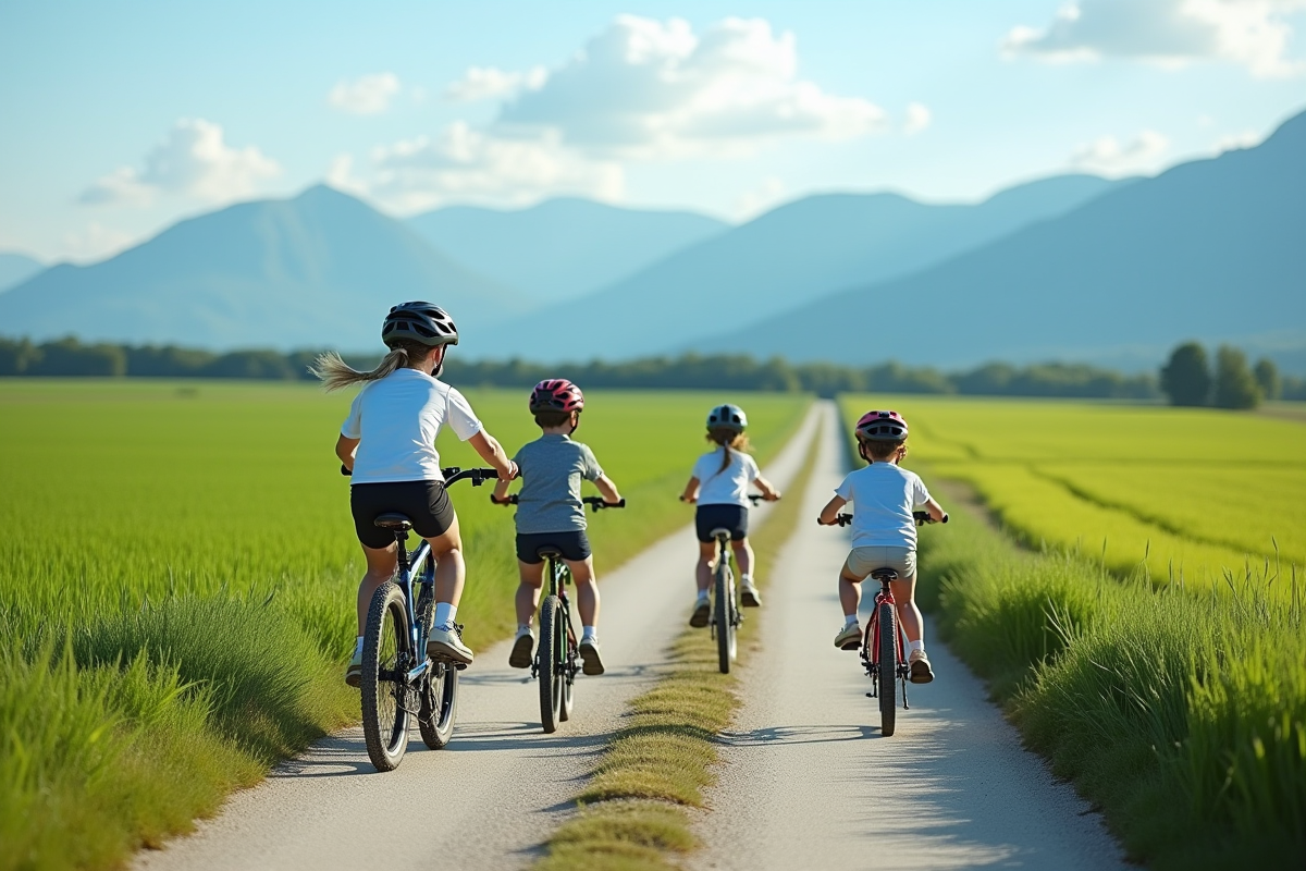 Famille avec enfants roulant à vélo dans la campagne verte