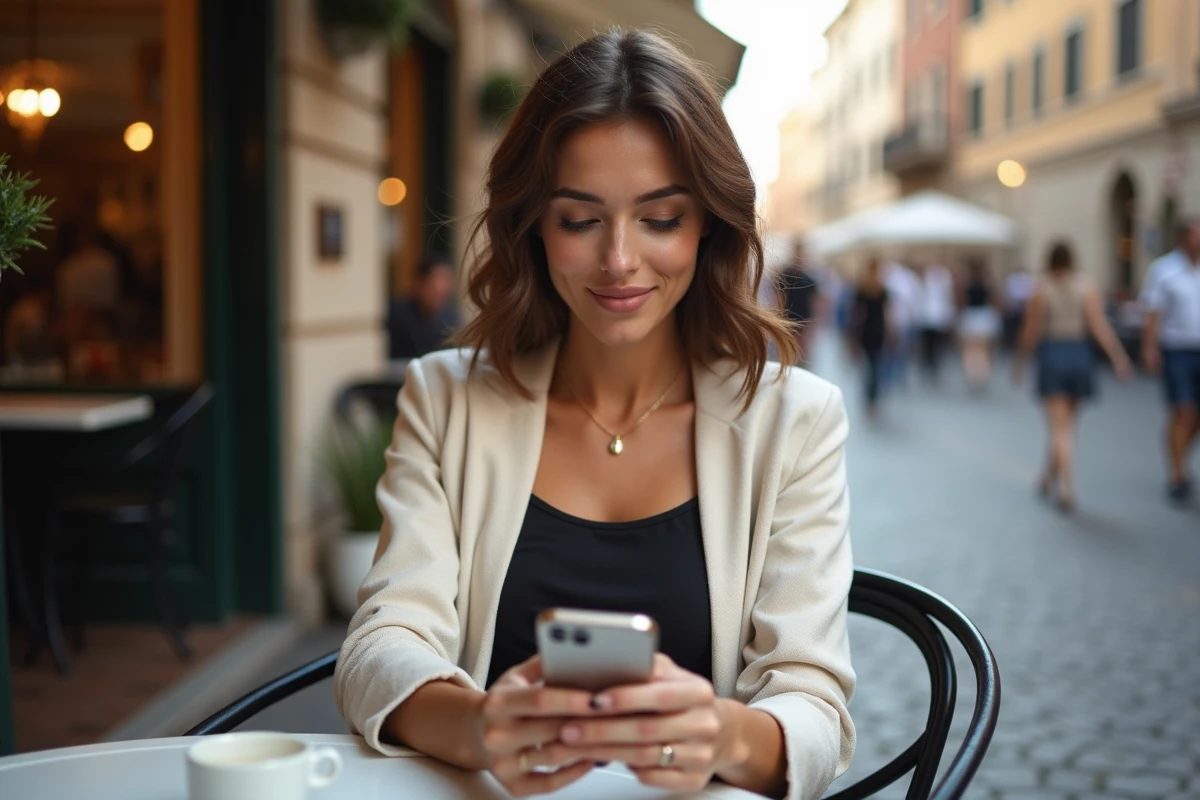 Femme lisant les dernières nouvelles de l'AS Roma sur son téléphone dans un café romain en plein air