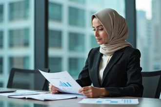 Femme d affaires orientale en costume étudiant des graphiques