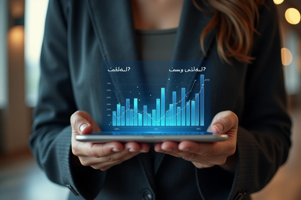 Femme orientale tenant une tablette avec graphique barres