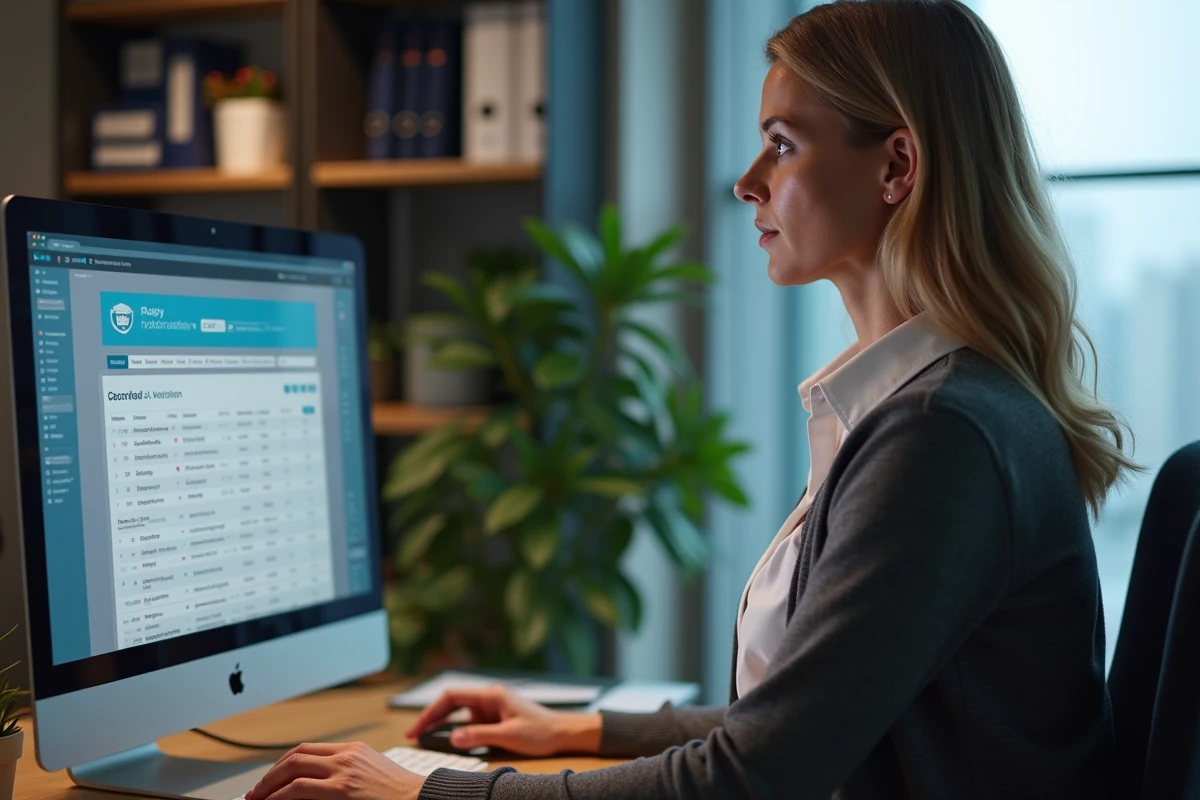 Femme au bureau consulte résultats rugby sur ordinateur