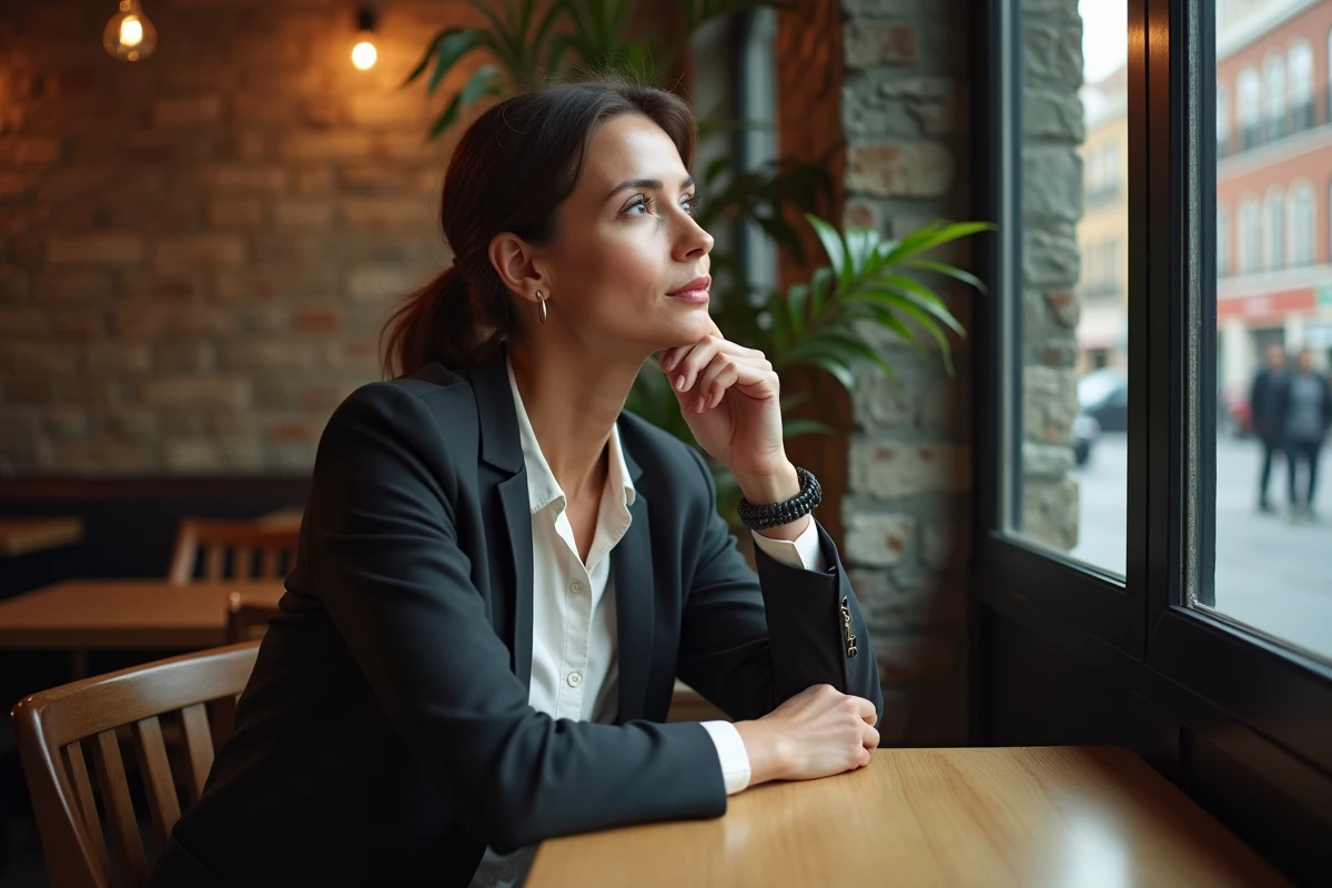 Femme pensant dans un café urbain
