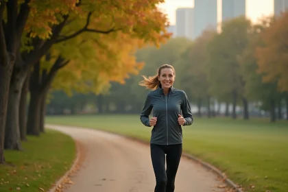 Femme souriante courant dans un parc urbain au matin