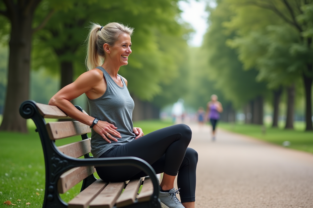 Femme coureuse assise sur un banc dans un parc en train de s