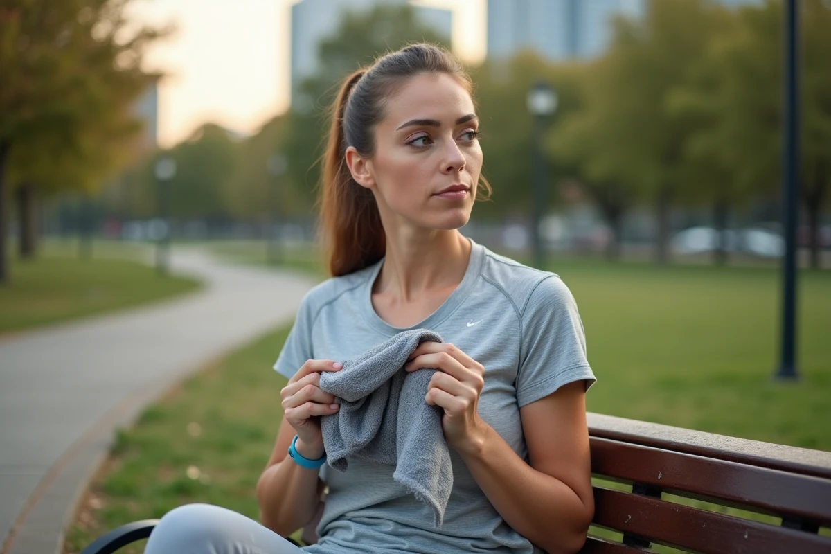 Femme après course dans un parc vérifiant son t-shirt
