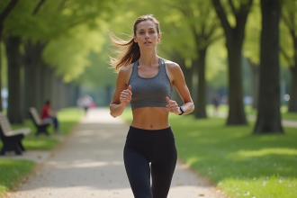 Femme sportive courant dans un parc urbain en pleine nature