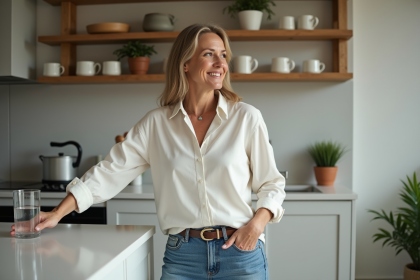 Femme d'âge moyen dans une cuisine moderne buvant de l'eau fraîche
