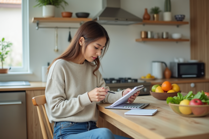Femme vérifiant étiquettes alimentaires dans la cuisine