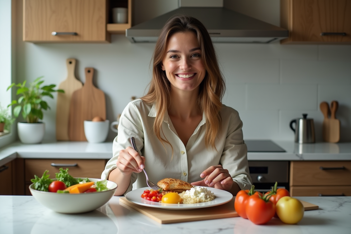 Femme souriante préparant un repas riche en protéines à la maison