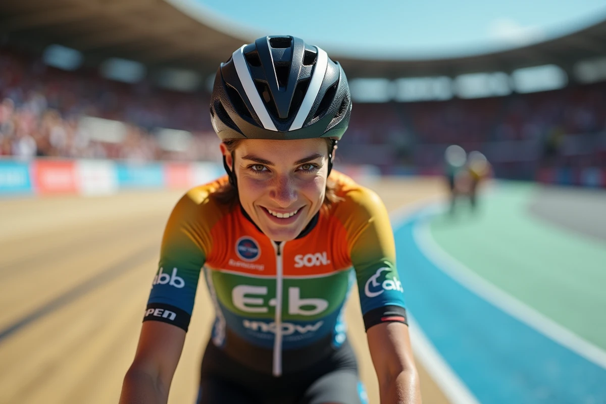 Cycliste femme ajuste son casque après la course