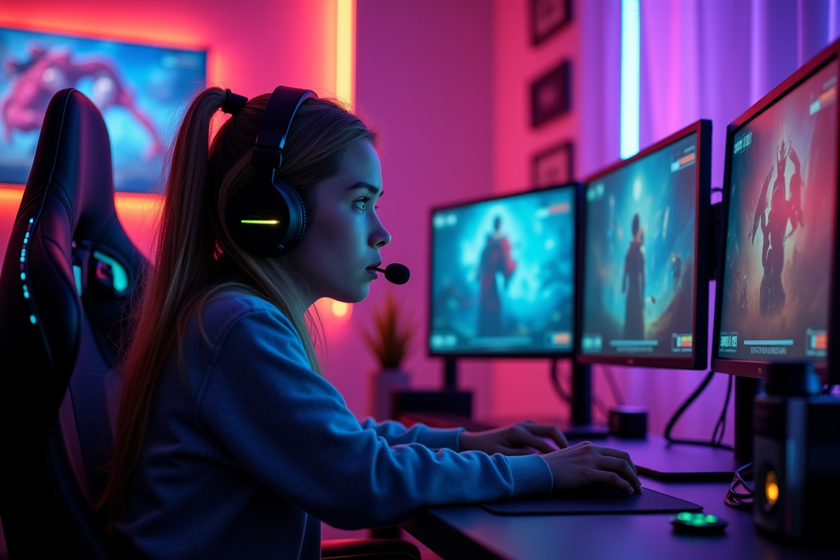 Jeune femme concentrée sur son setup gaming neon
