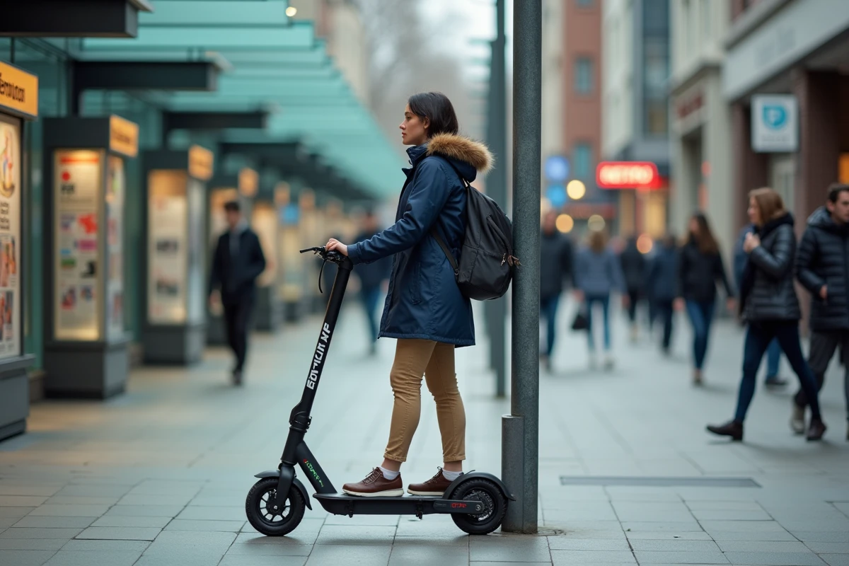 Femme garant un scooter électrique urbain devant une station de métro en ville